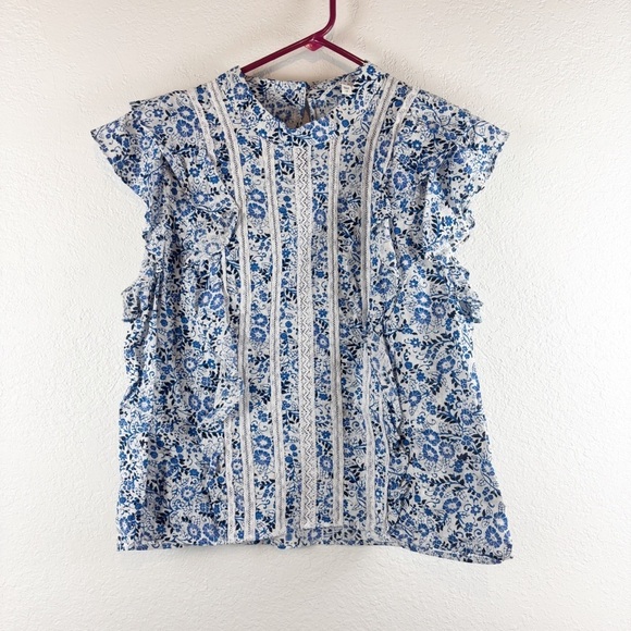 Veronica Beard Sol Floral Printed Lace Ruffle Blouse Blue Size 14 Casual Cotton - Picture 2 of 7
